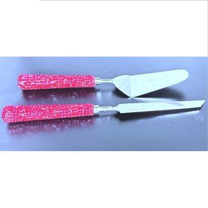 Cake Knife & Server Set, Silver with Red Crystal Handles, Wedding, Anniversary
